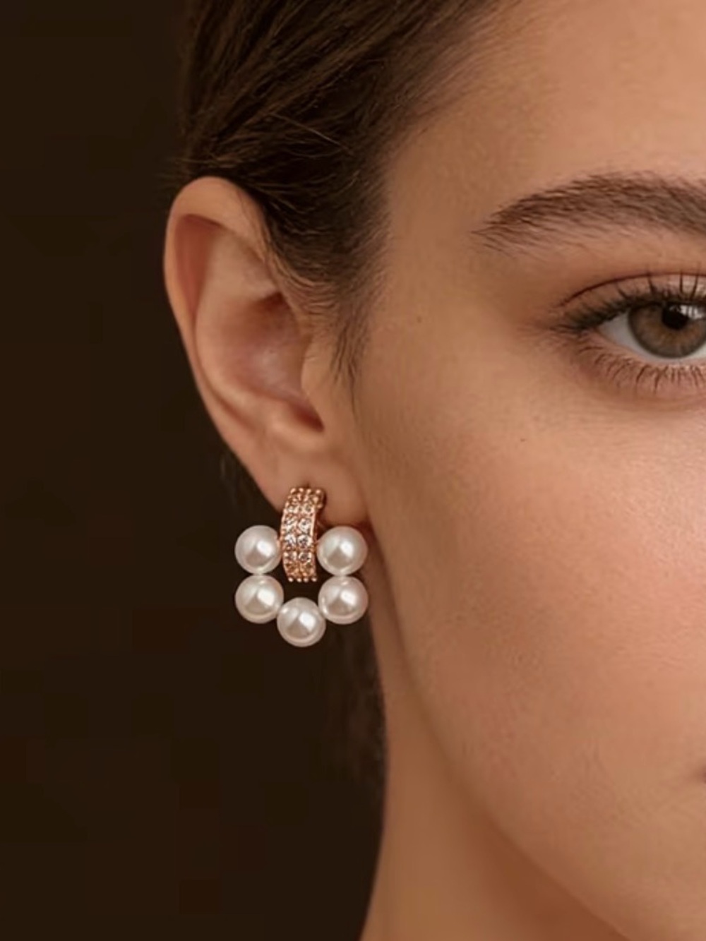 14k Gold Plated Faux Pearl Cluster Hoop Earrings with Gold Crystal Accents.